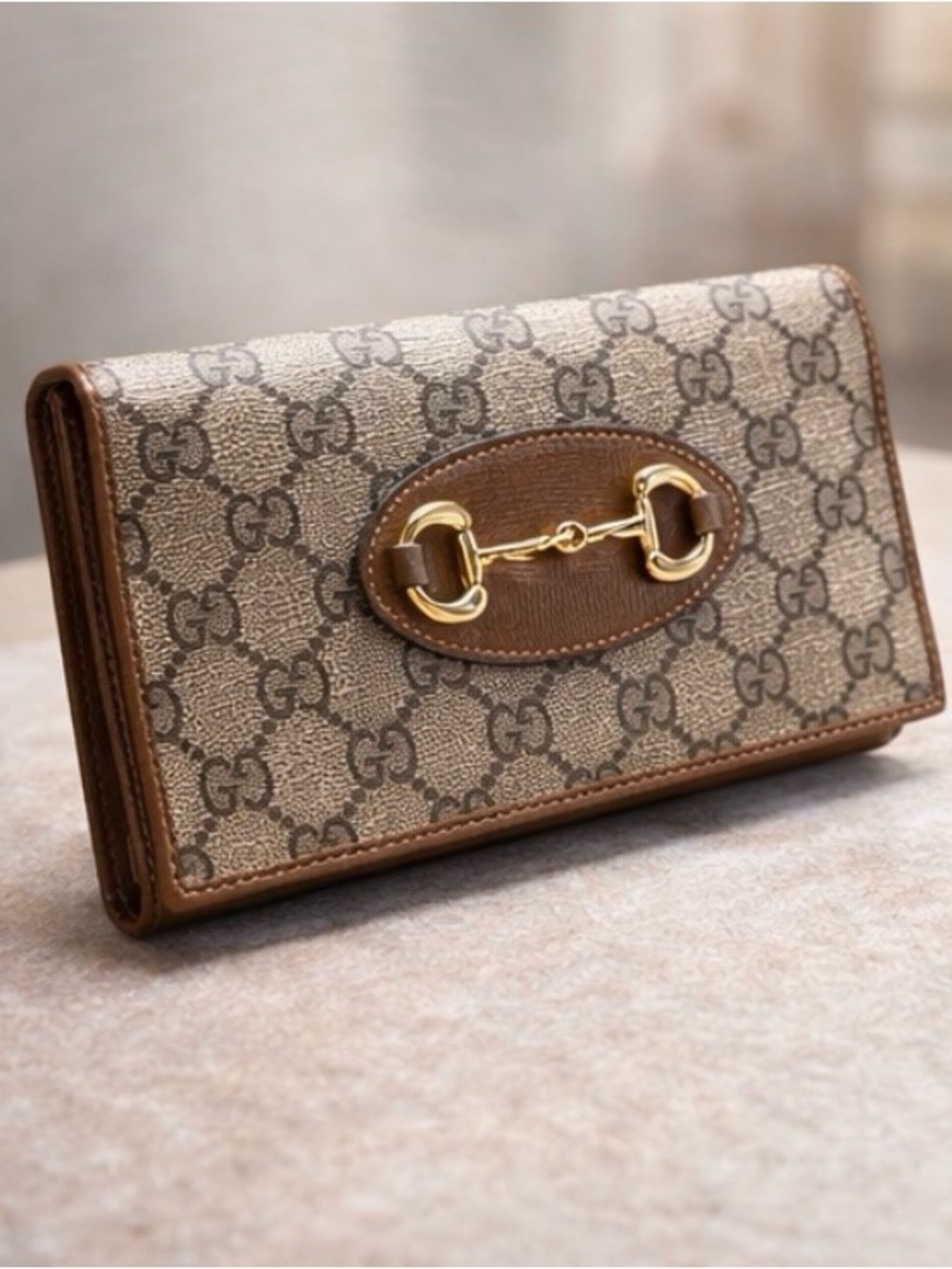 Gucci Beige Brown Monogram Continental Wallet with Gold Horsebit